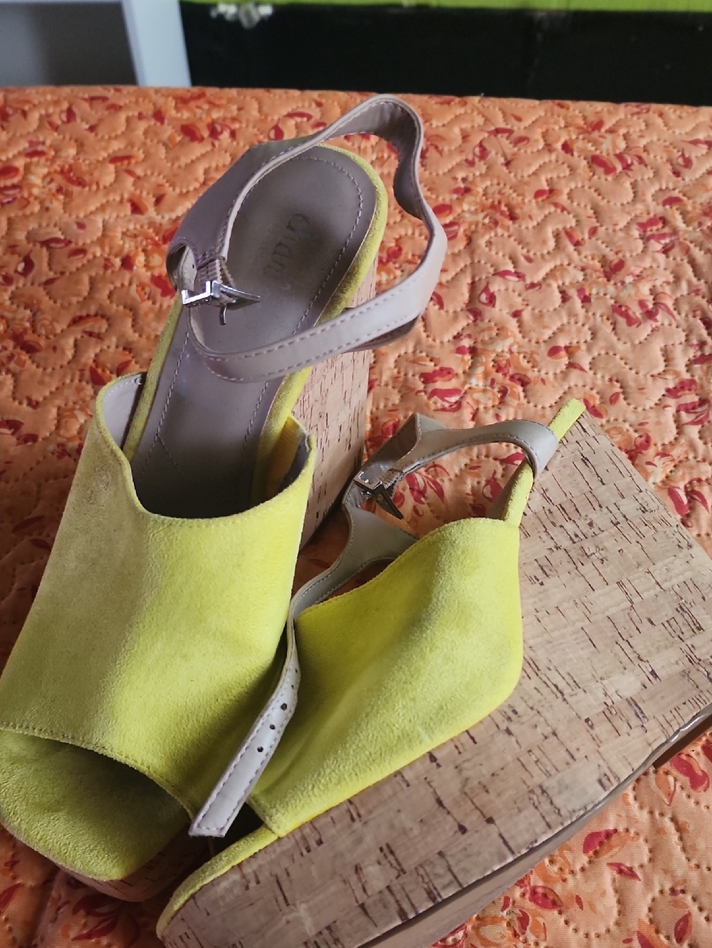 Charles David Yellow Suede Cork Wedge Sandals with Neutral Ankle Strap